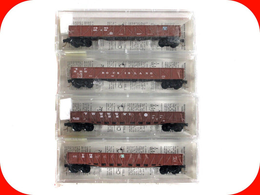 N Scale ***CB&Q ,  RI ,  PRR ,  GTW*** Gondola 4-Pack - Kadee Micro Trains 60022