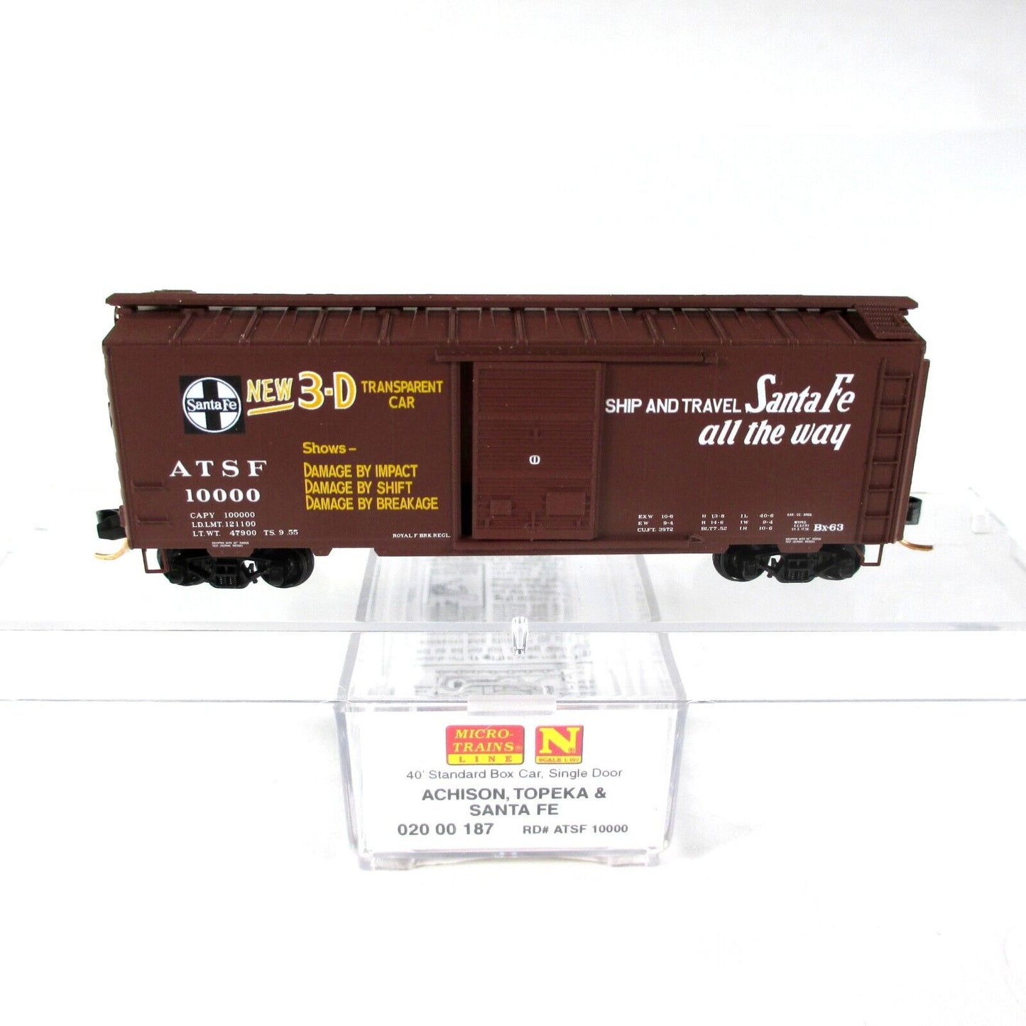 N Scale ***SANTA FE*** Transparent Impact Demo Box Car --- Micro Trains 02000197