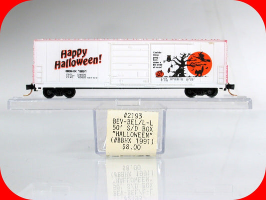N Scale Happy HALLOWEEN Box Car BBHX 1991 -Bev-Bel 2193, Micro Trains Clpr *RARE