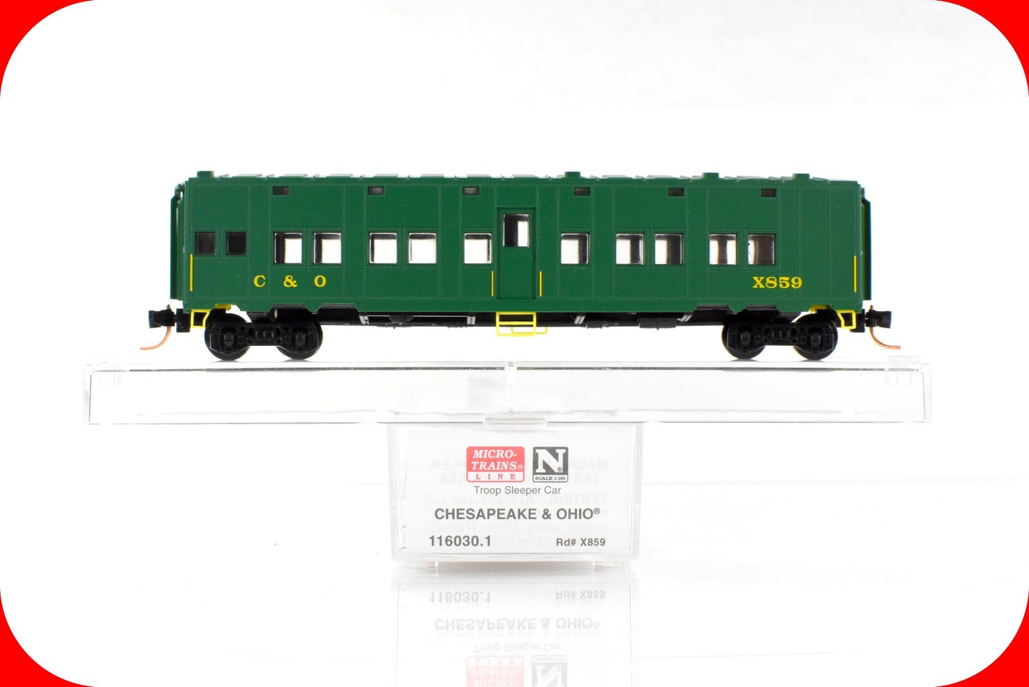 N Scale ***CHESAPEAKE & OHIO*** Troop Sleeper Car, X859 -- Micro Trains 116030.1