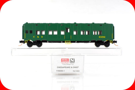 N Scale ***CHESAPEAKE & OHIO*** Troop Sleeper Car, X859 -- Micro Trains 116030.1