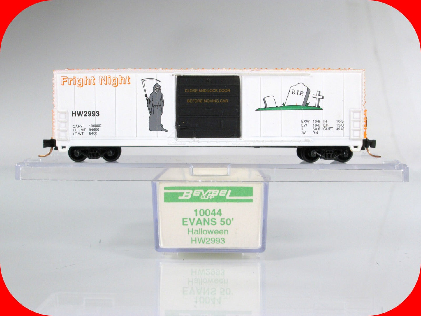 N Scale Halloween FRIGHT NIGHT / GRIM REAPER Box Car - Bev-Bel,  MTL Clprs *RARE