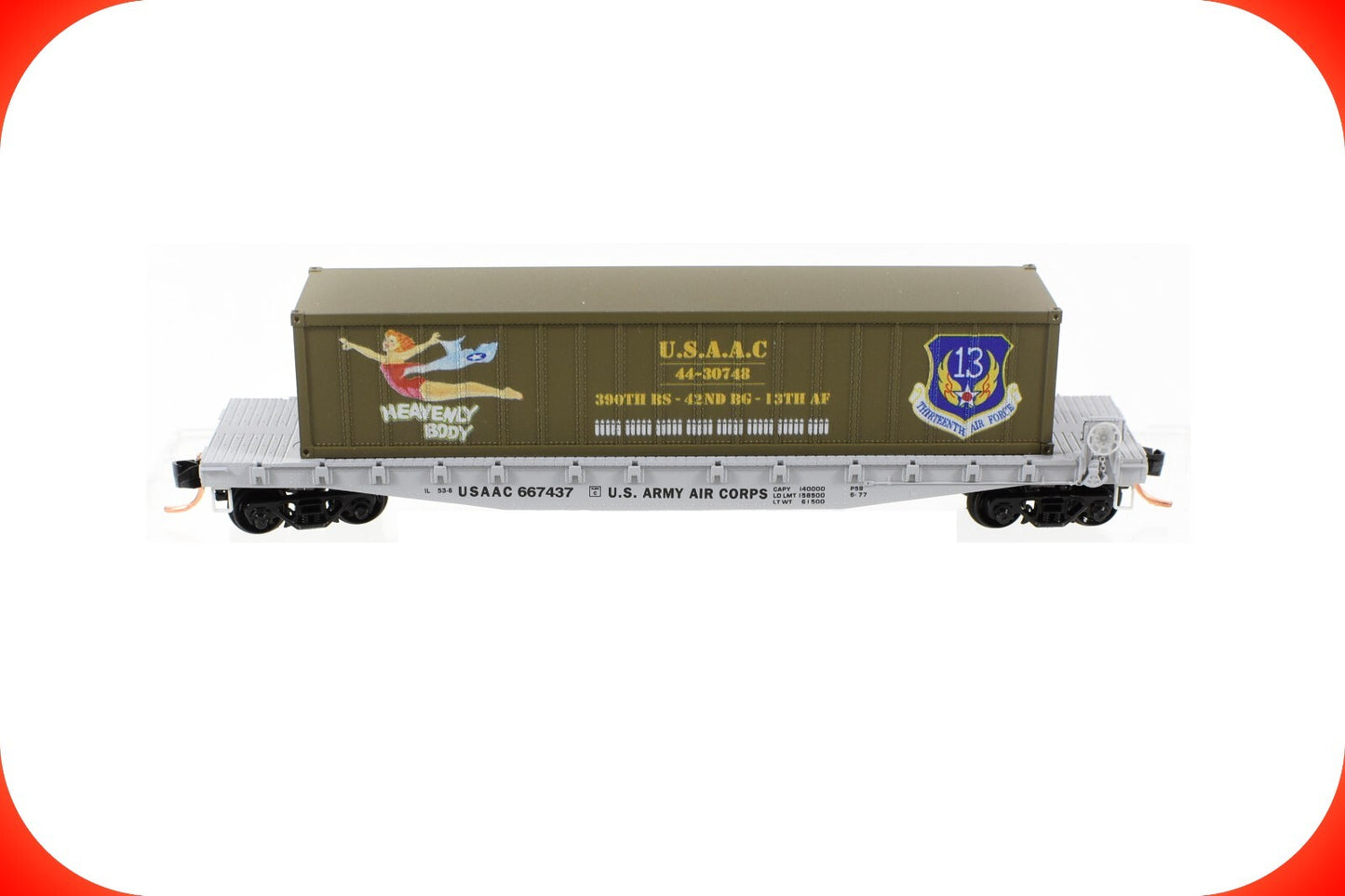N Scale US ARMY AIR CORPS Flat Car,  **HEAVENLY BODY** Container  - MICRO-TRAINS