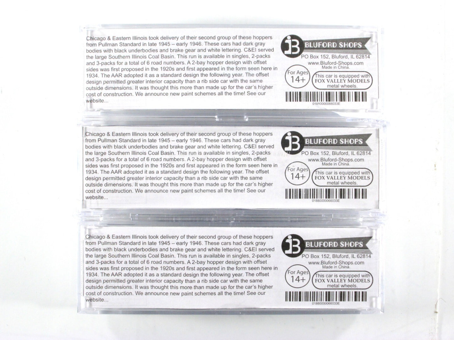 N Scale **CHICAGO & EASTERN ILLINOIS** Coal Hopper 3-Set w/ Loads -Bluford 66033