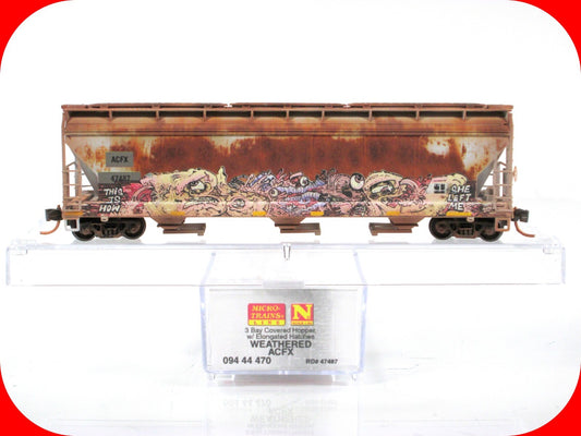 N Scale ***ACFX*** Weathered & Graffiti 3-Bay Hopper ----- Micro Trains 09444470