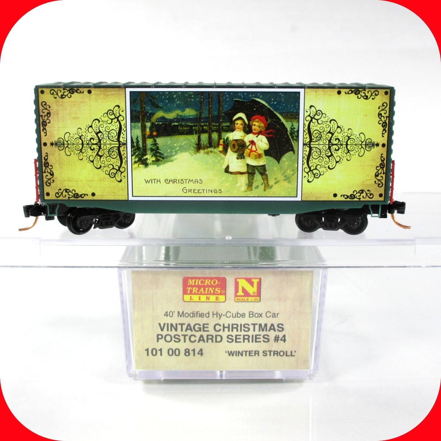 N Scale VINTAGE CHRISTMAS POSTCARD **Winter Stroll** Box Car ------ MTL 10100814
