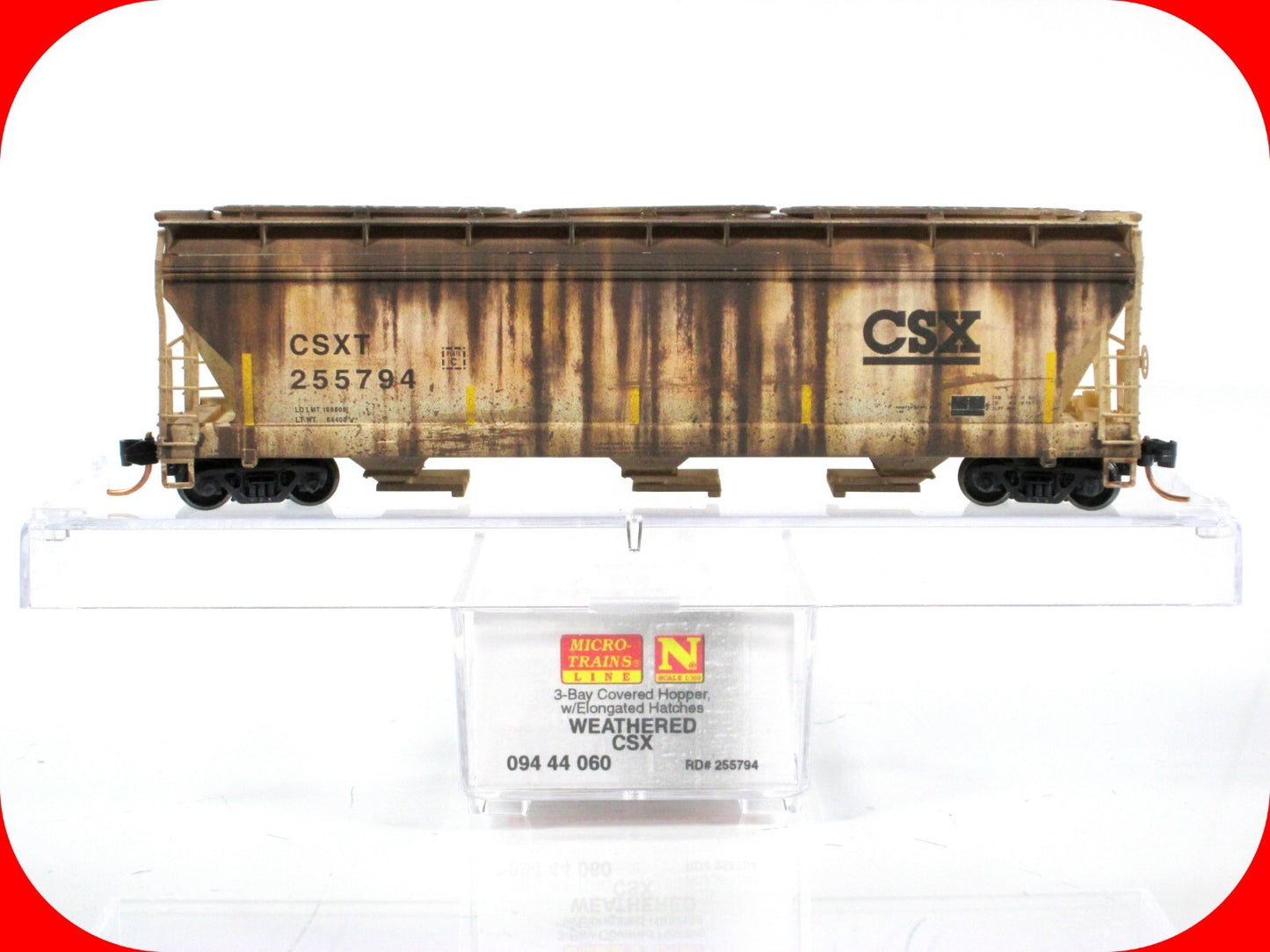 N Scale *CSX* Weathered 3-Bay Covered Hopper, CSXT 255794 -Micro Trains 09444060