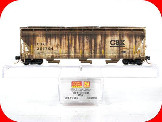 N Scale *CSX* Weathered 3-Bay Covered Hopper, CSXT 255794 -Micro Trains 09444060