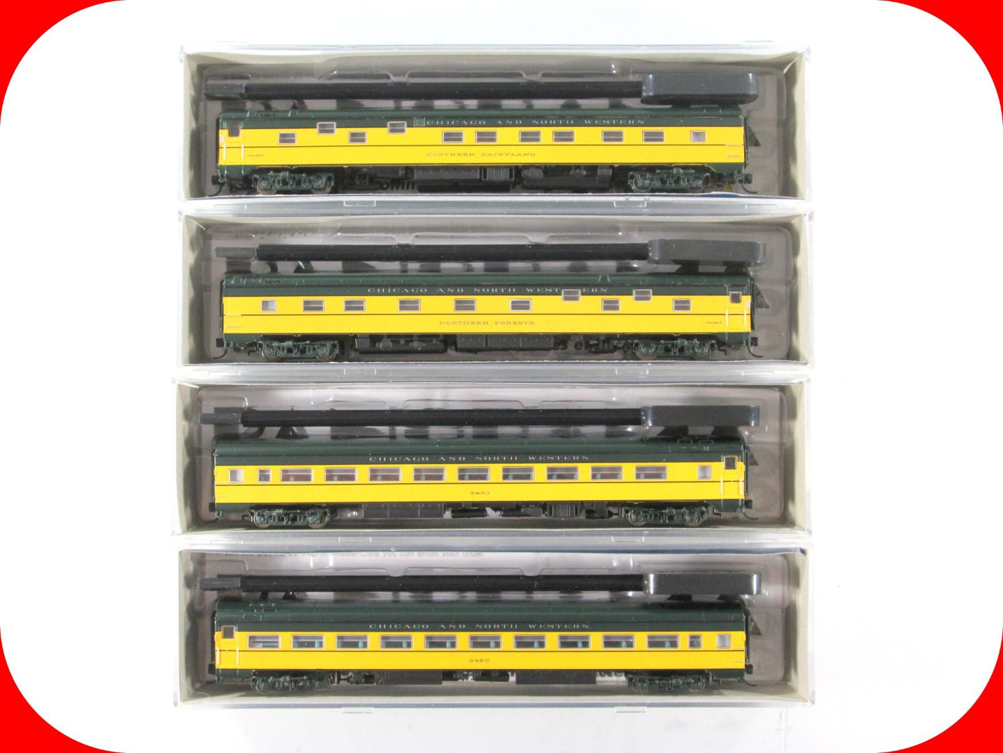 N Scale CHICAGO NORTH WESTERN Passenger Coach, Sleeper 4-Pack Set -Rapido TRAINS