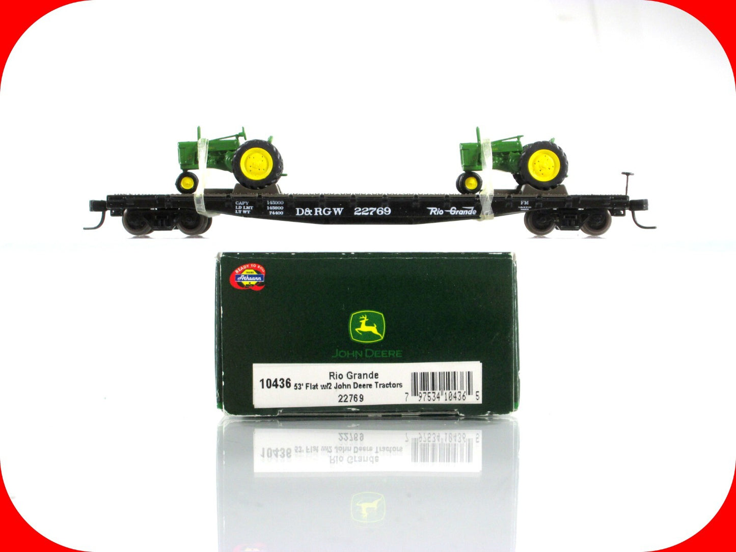 N Scale *JOHN DEERE* Tractors, Flat Car *RIO GRANDE* 22769 - Athearn 10436 *RARE