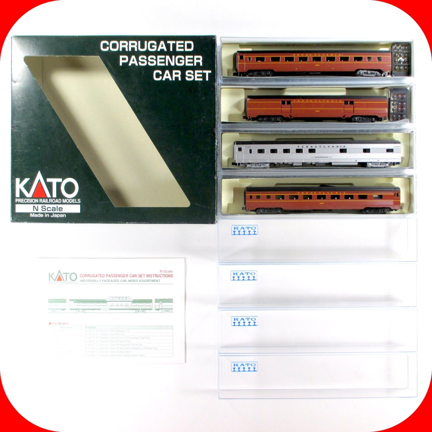 N Scale ***PENNSYLVANIA*** Corrugated Passenger Car 4-Pack Set C - Kato 106-1701