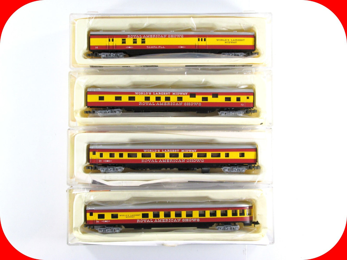 N Scale ROYAL AMERICAN SHOWS Lightweight Passenger Car 4-Pack Set ------ Con-Cor