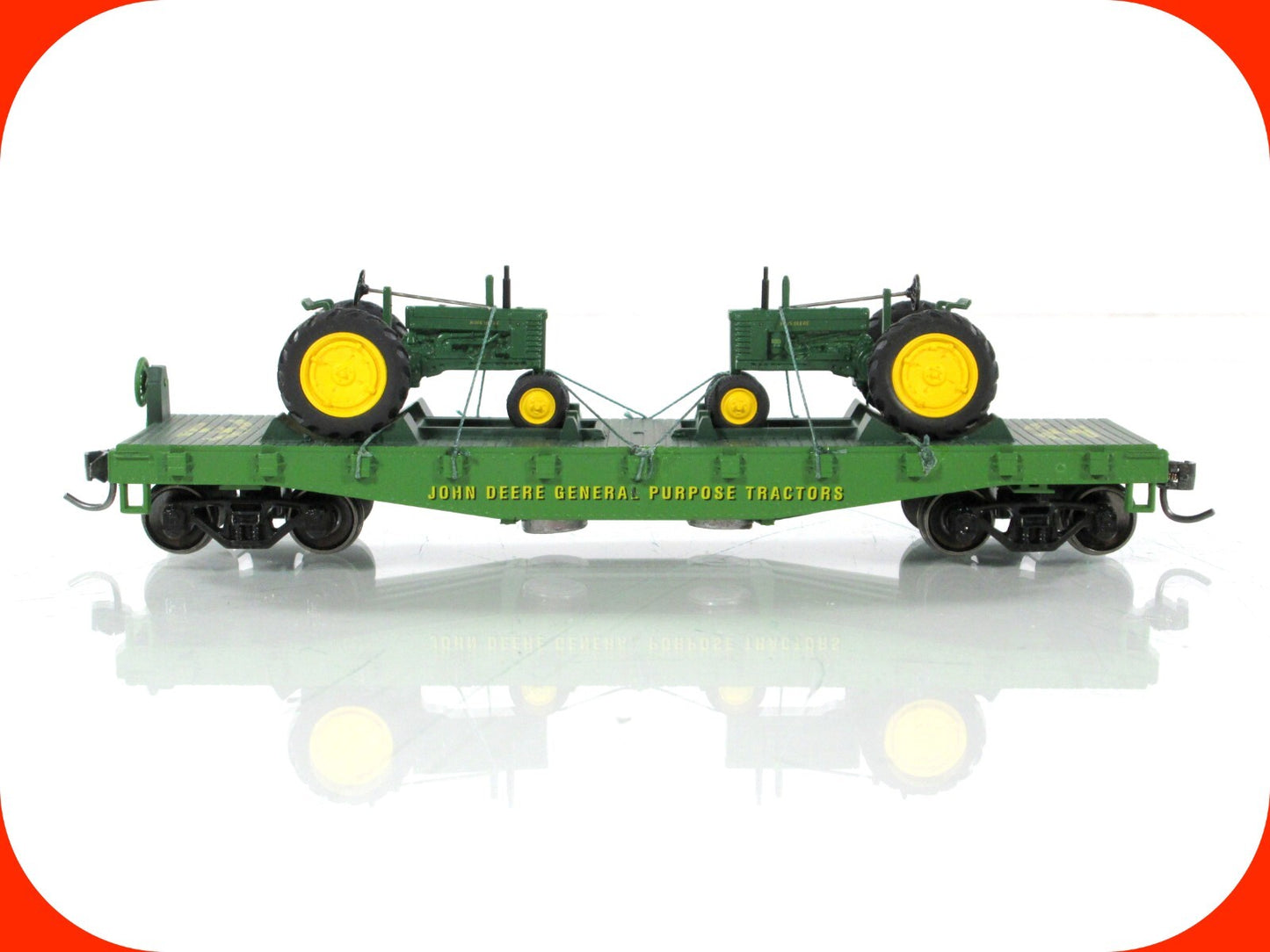 HO Scale ***JOHN DEERE*** 40' Flat Car w/ Tractors --- Athearn, Knuckle Couplers