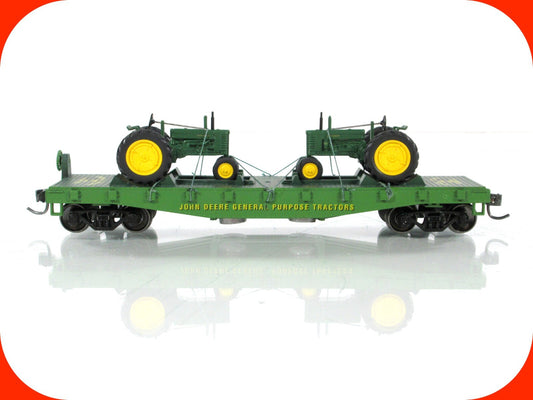HO Scale ***JOHN DEERE*** 40' Flat Car w/ Tractors --- Athearn, Knuckle Couplers