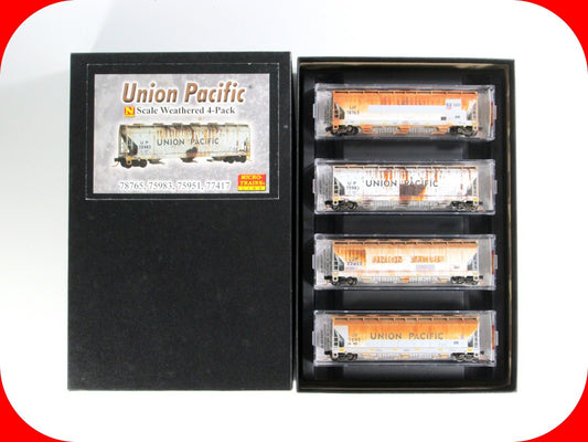 N Scale ***UNION PACIFIC*** Weathered Hopper 4-Pack Set -- Micro Trains 99305390
