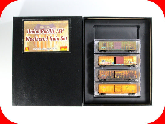 N Scale ***UNION PACIFIC, SP*** Weathered Box Car 4-Set -- Micro Trains 99301370