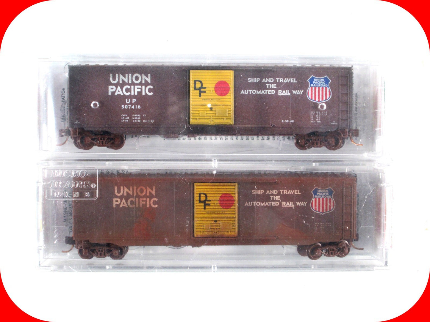 N Scale ***UNION PACIFIC*** Weathered 50' Box Car 2-Pack - Micro Trains 07744050