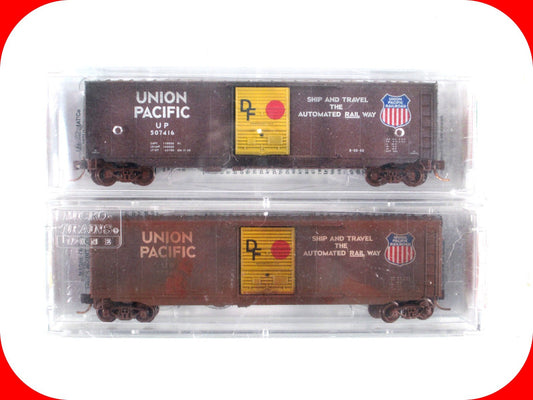 N Scale ***UNION PACIFIC*** Weathered 50' Box Car 2-Pack - Micro Trains 07744050
