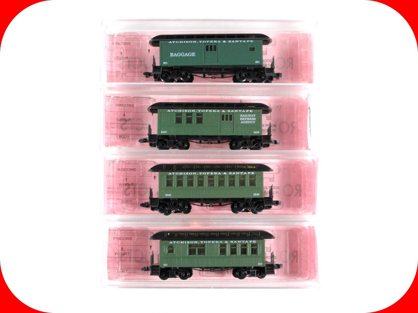 N Scale ***SANTA FE*** OVERTON Old-Time Passenger 4-Pack -Roundhouse, Kato Cplrs