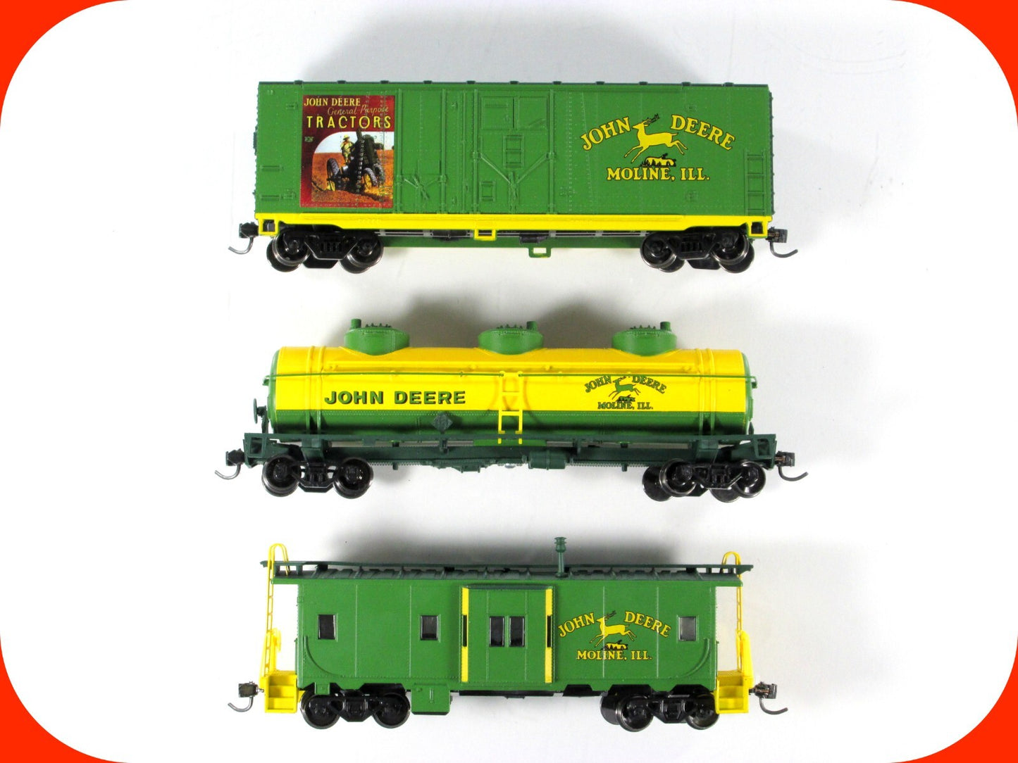 HO Scale **JOHN DEERE** Box, Tank, Bay Window Caboose Set - Athearn, Knuckle Cpl