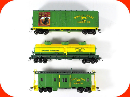 HO Scale **JOHN DEERE** Box, Tank, Bay Window Caboose Set - Athearn, Knuckle Cpl