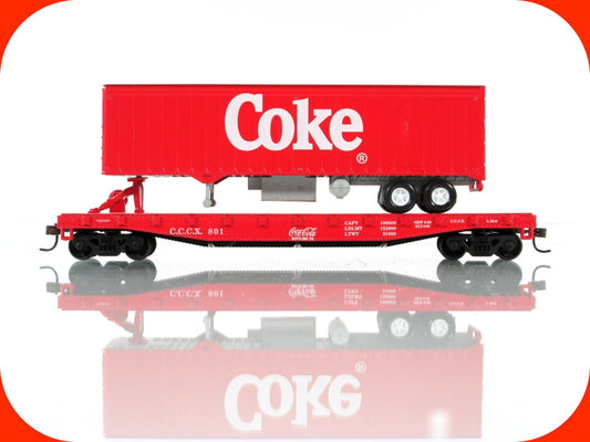 HO Scale ***COKE*** 50' Flat Car &Trailer CCCX 801 - Athearn 8302, Knuckle Cplrs