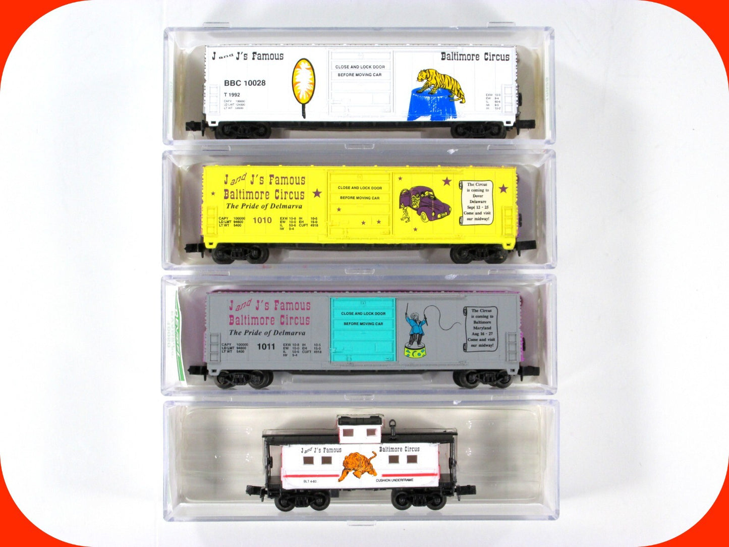 N Scale *** J & J *** Famous Baltimore CIRCUS Box Car & Caboose Set - Bev-Bel