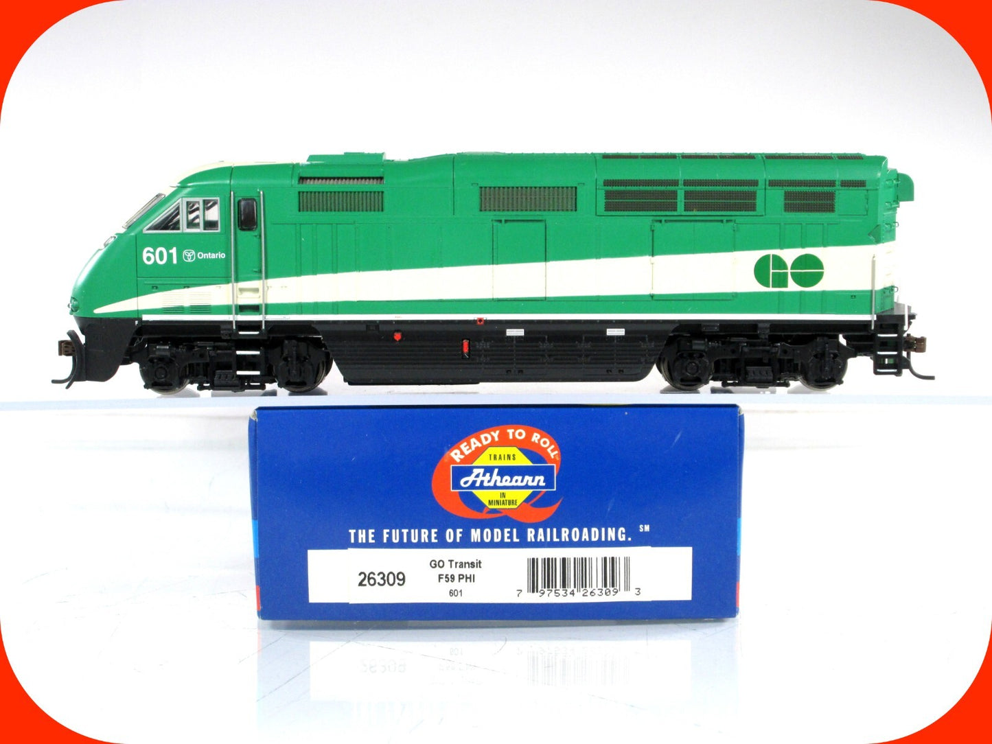 HO Scale ***GO TRANSIT*** Bombardier F59PHI #601 ------ Athearn 26309, DCC Ready