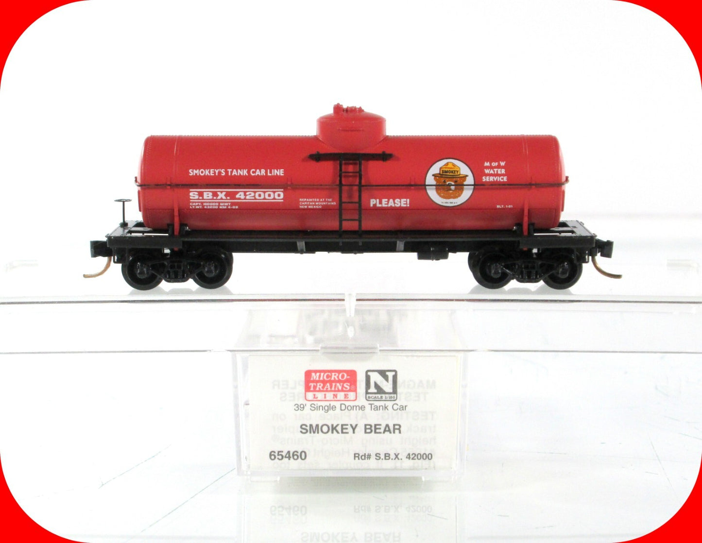 N Scale ***SMOKEY BEAR*** MoW Fire Water Tank Car, SBX 4200 - Micro Trains 65460