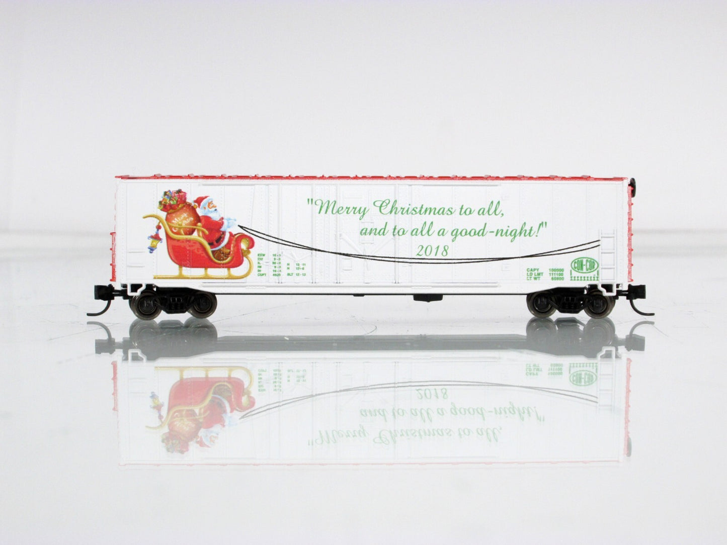 N Scale ***MERRY CHRISTMAS*** Santa On Sleigh, 50' Box Car 2018 - Con-Cor 006097