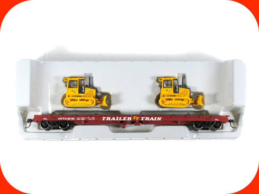 HO Scale ***TRAILER TRAIN*** 50' Flat Car w/ John Deere Dozers --- Athearn 81934
