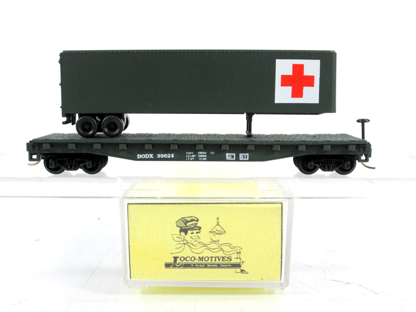 N Scale 50' Army Flat Car w/ Red Cross Trailer - Atlas / LM-631, MTL Couplers