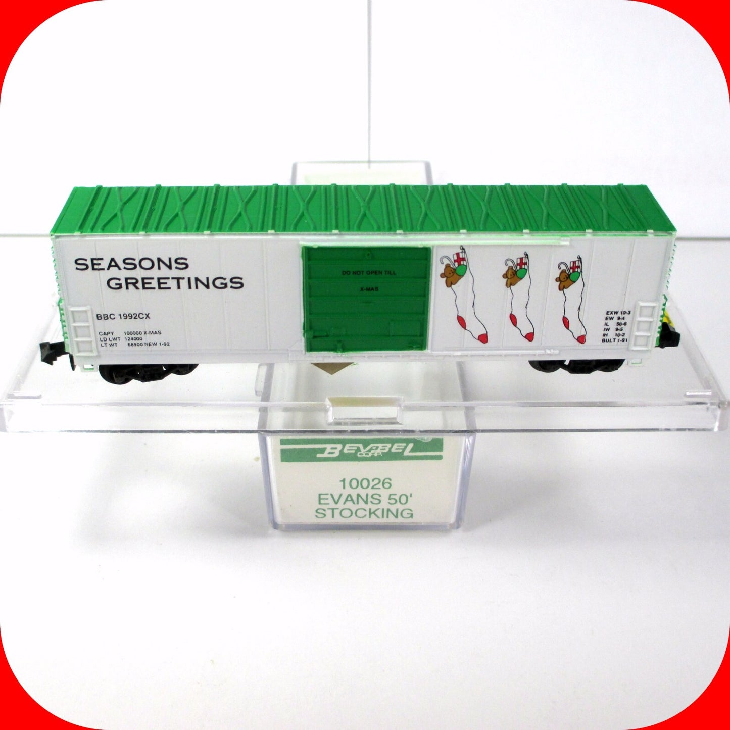 N Scale **SEASON'S GREETINGS** Christmas Stocking Box Car, 1992 -- Bev-Bel 10026