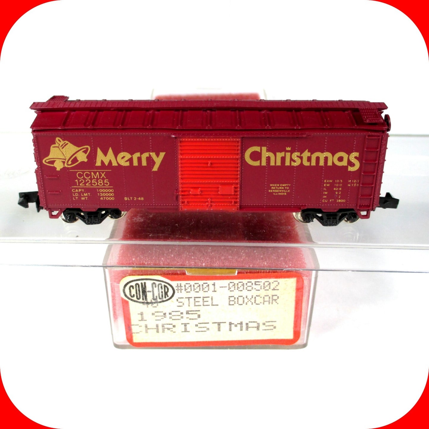 N Scale MERRY CHRISTMAS 40' Single Door Steel Box Car 1985 --Con-Cor 0001-008502