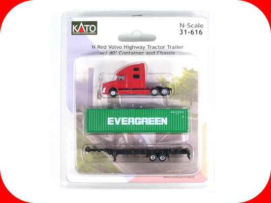 N Scale ***Volvo Tractor Trailer, 40' Evergreen Container, Chassis** Kato 31-616