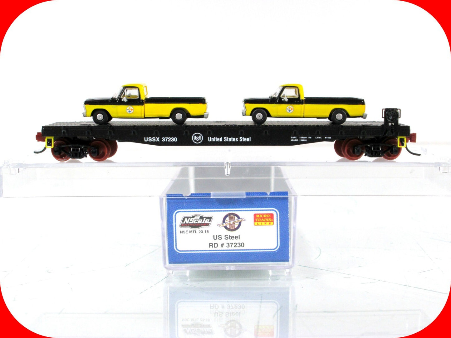 N Scale ***US STEEL*** Flat Car w/ Ford Pickup Load - Micro Trains NSE 23-18