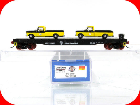 N Scale ***US STEEL*** Flat Car w/ Ford Pickup Load - Micro Trains NSE 23-18