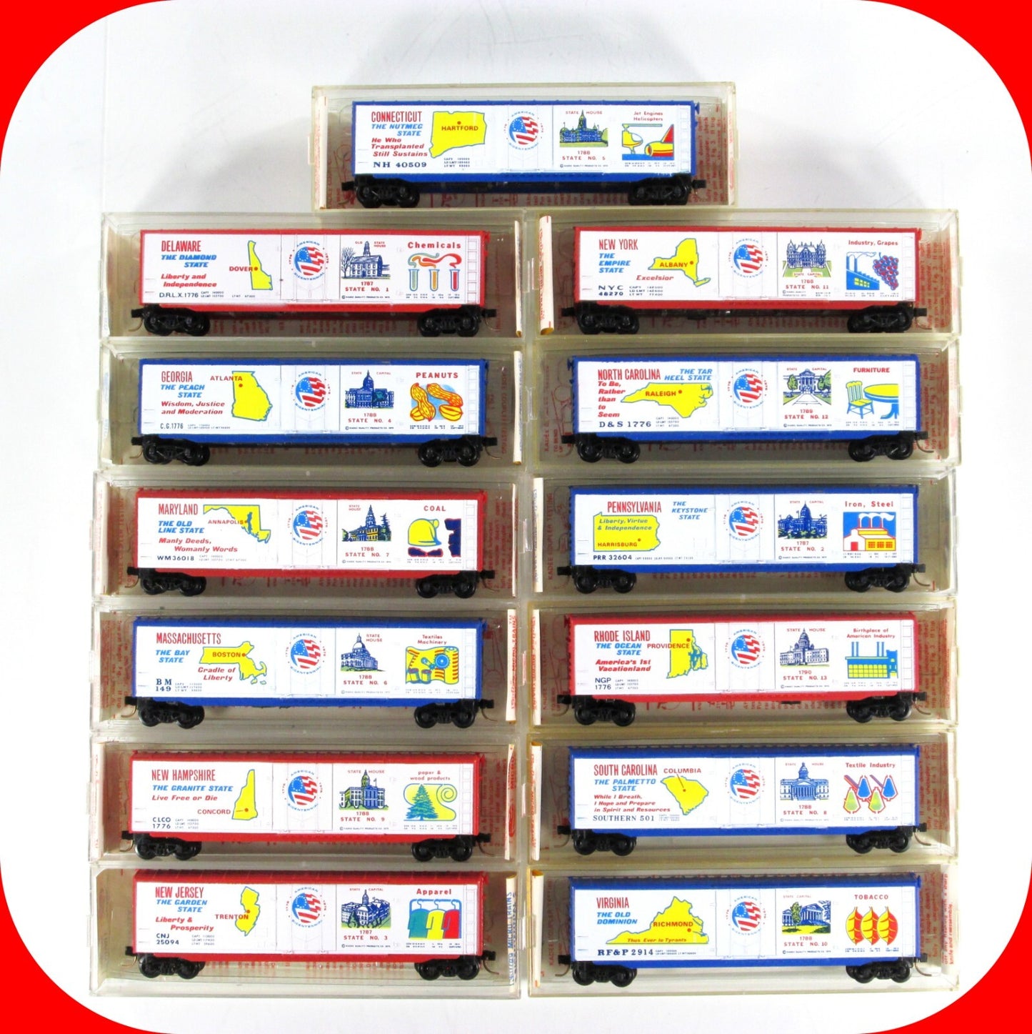N Scale *** 13 United States COLONIES *** 50' Box Car Set -- Kadee Micro Trains