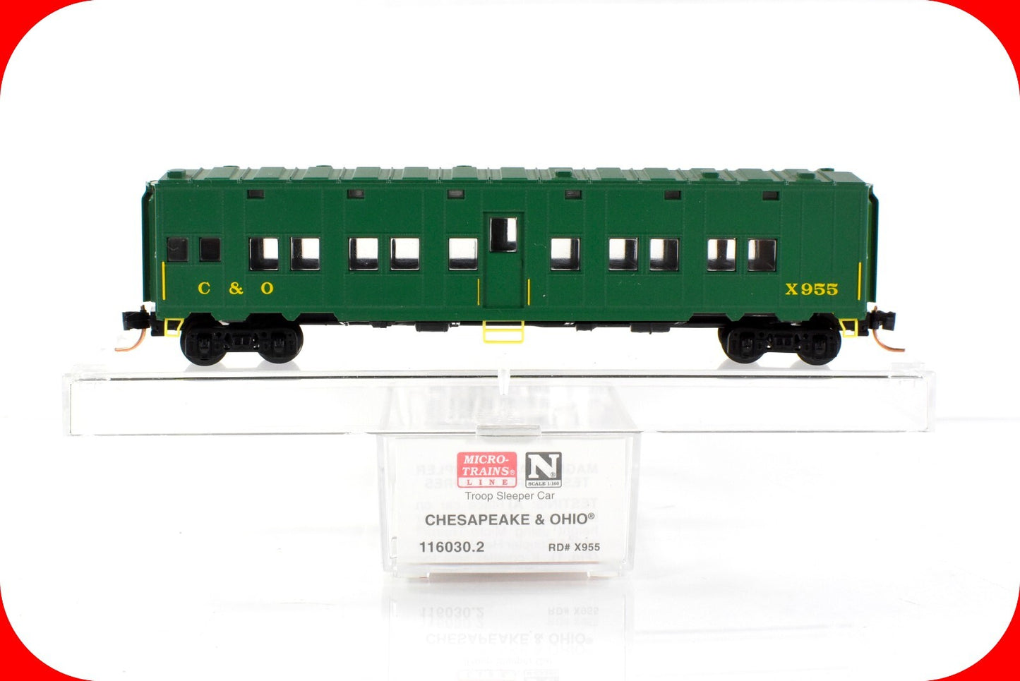 N Scale ***CHESAPEAKE & OHIO*** Troop Sleeper Car # X955 - Micro Trains 116030.2