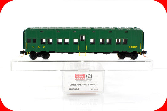 N Scale ***CHESAPEAKE & OHIO*** Troop Sleeper Car # X955 - Micro Trains 116030.2