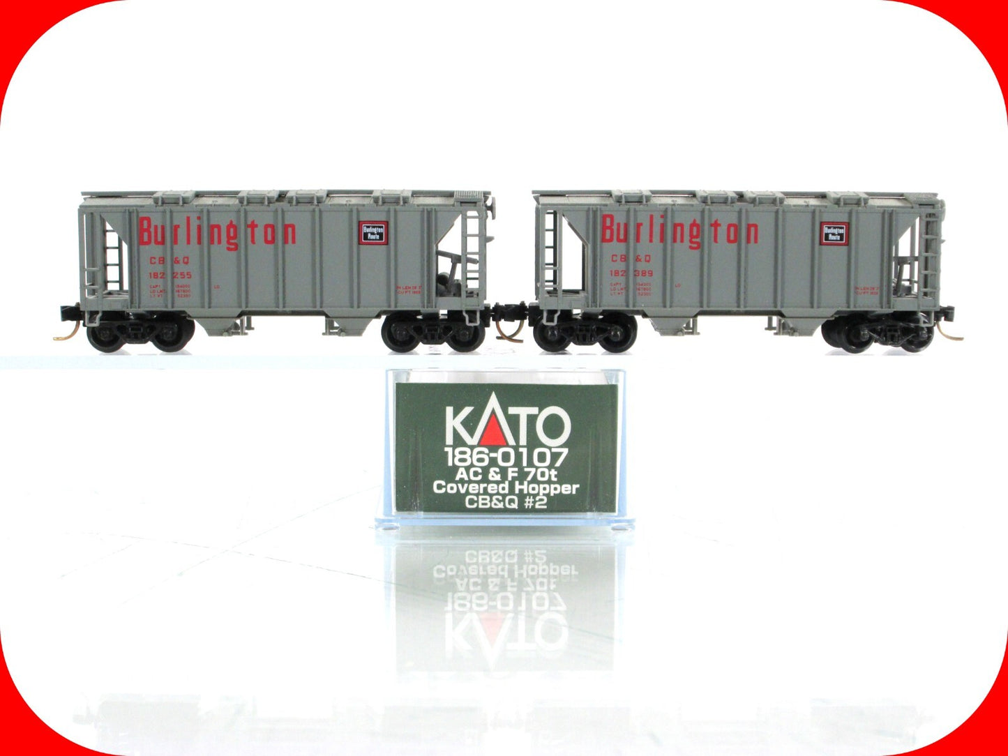 N Scale *BURLINGTON, CB&Q* 2-Bay Hoppers #182255,182389 - Kato 186-0107, MTL Cpl