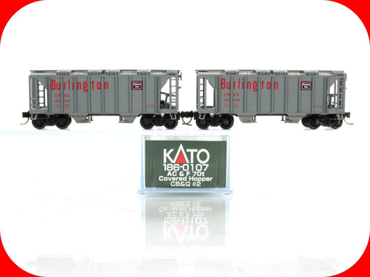 N Scale *BURLINGTON, CB&Q* 2-Bay Hoppers #182255,182389 - Kato 186-0107, MTL Cpl