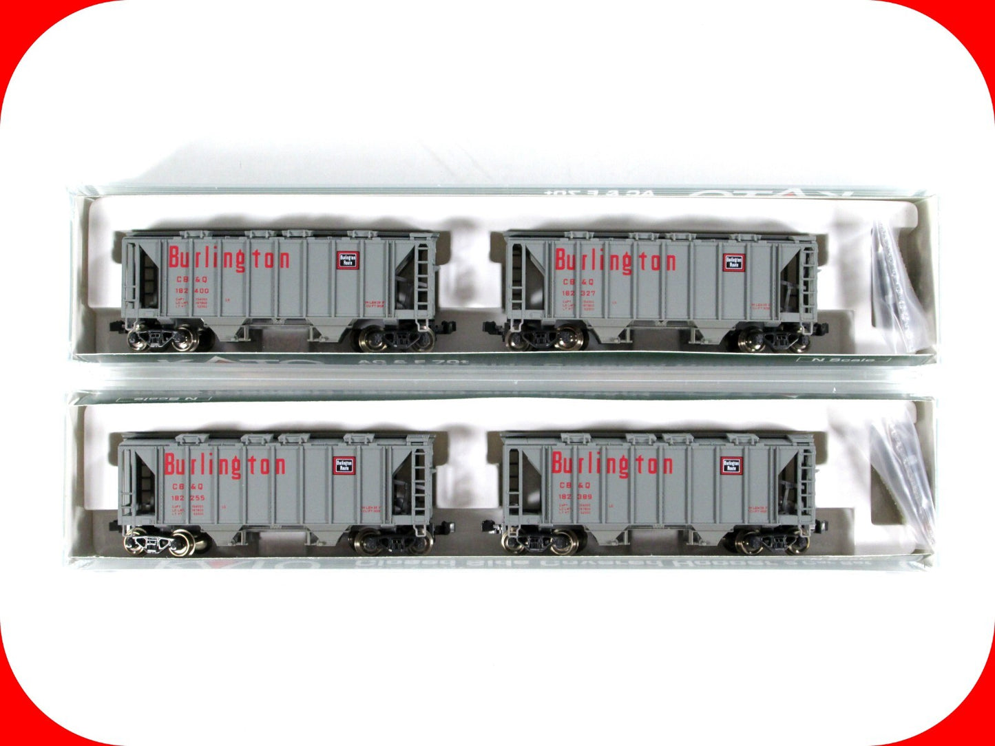 N Scale ***BURLINGTON, CB&Q*** 2-Bay Covered Hopper 4-Pack -- Kato 186-0106,0107
