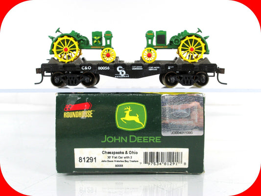 HO Scale ***C&O*** 30' Flat #80056, JOHN DEERE Waterloo Tractors - Athearn 81291