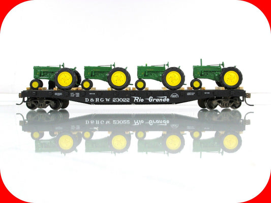 HO Scale ***RIO GRANDE*** 50' Flat Car #23022, w/ JOHN DEERE Tractors -- Athearn