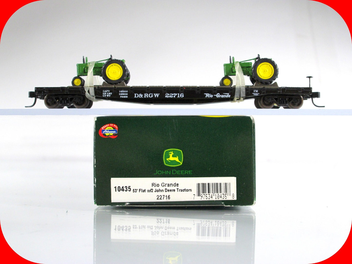 N Scale *JOHN DEERE* Tractors, Flat Car *RIO GRANDE* 22716 - Athearn 10435 *RARE