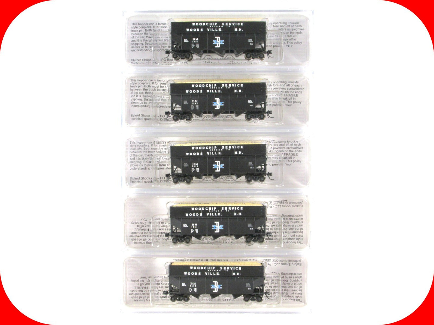 N Scale ***BOSTON & MAINE*** Woodchip Hopper 5-Pack Set w/ Loads - Bluford 16013