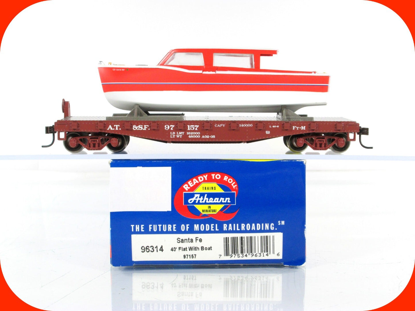 HO Scale ***SANTA FE*** 40' Flat Car w/ Boat, ATSF 97157 - Athearn 96314 ***RARE