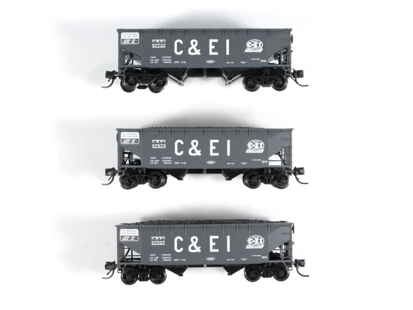N Scale **CHICAGO & EASTERN ILLINOIS** Coal Hopper 3-Set w/ Loads, Bluford 66033