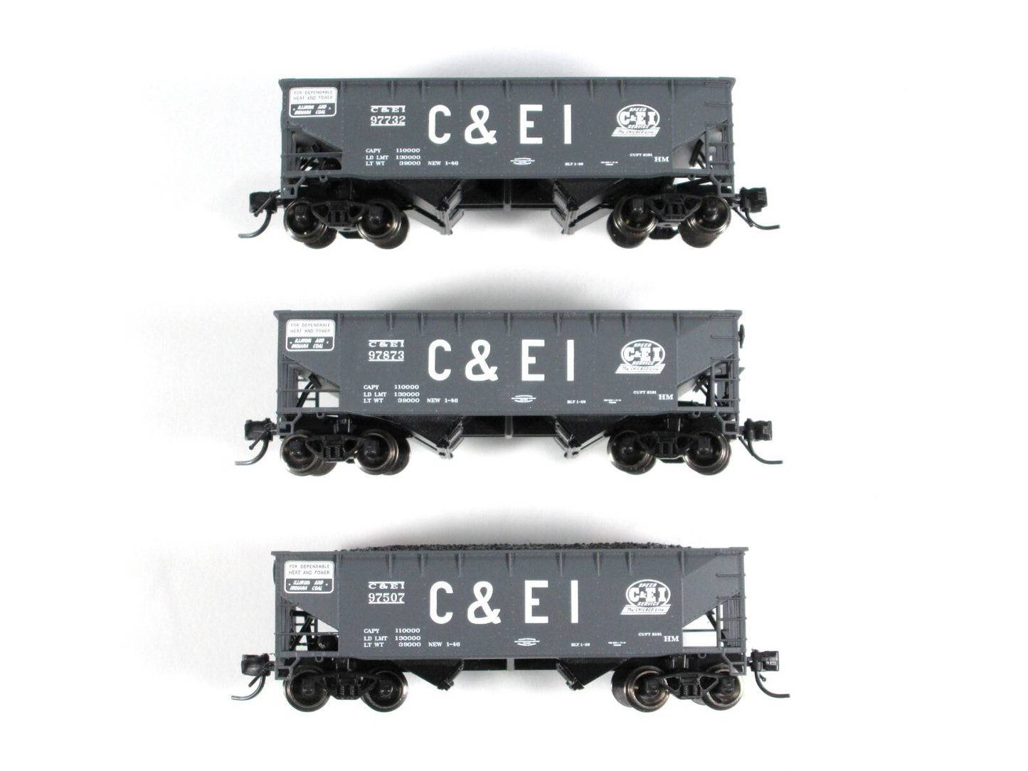 N Scale **CHICAGO & EASTERN ILLINOIS** Coal Hopper 3-Set w/ Loads, Bluford 66033